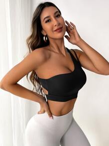Easithlete One Shoulder Cut Out Sports Bra - Black - View 5