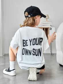 SHEIN Girls Slogan Graphic Drop Shoulder Tee - White - View 1
