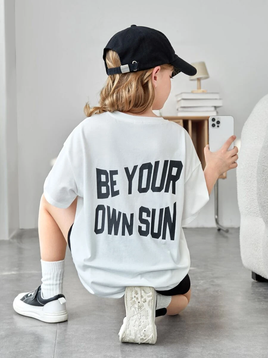 SHEIN Girls Slogan Graphic Drop Shoulder Tee - White - View 1