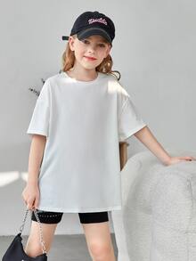 SHEIN Girls Slogan Graphic Drop Shoulder Tee - White - View 3