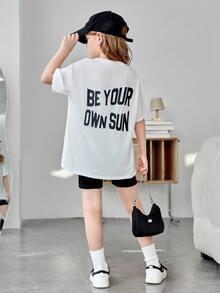 SHEIN Girls Slogan Graphic Drop Shoulder Tee - White - View 4