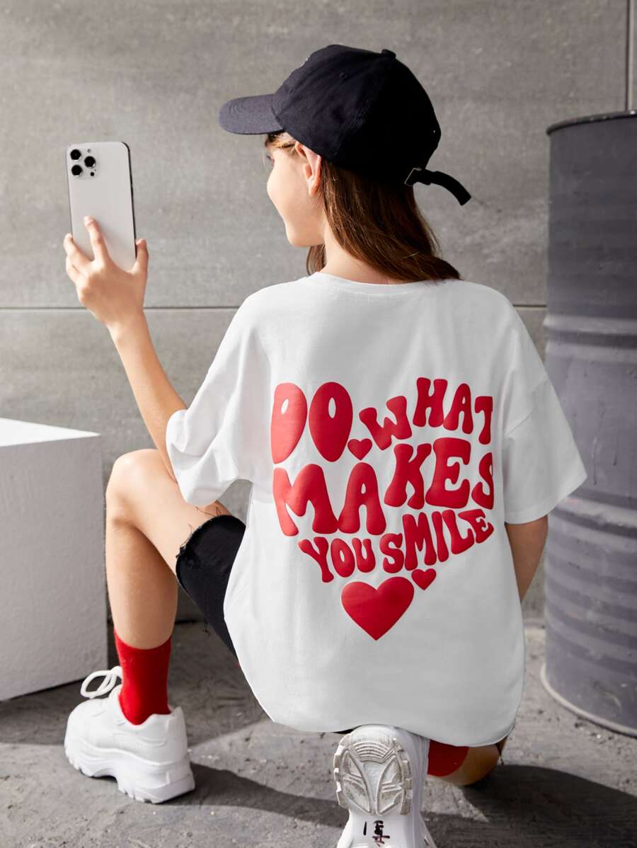 SHEIN Girls Heart & Slogan Graphic Drop Shoulder Tee - White - View 1