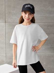 SHEIN Girls Heart & Slogan Graphic Drop Shoulder Tee - White - View 2
