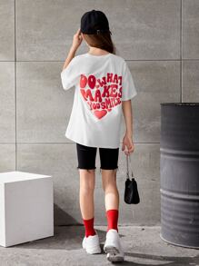 SHEIN Girls Heart & Slogan Graphic Drop Shoulder Tee - White - View 3