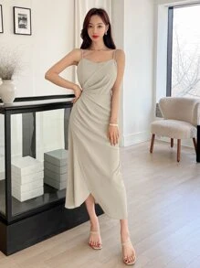 DAZY Solid Ruched Side Cami Dress,Casual Women Dresses
