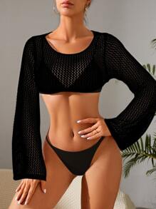 Hollow Out Trumpet Sleeve Crop Cover Up Without Bikini Set - Black - View 1