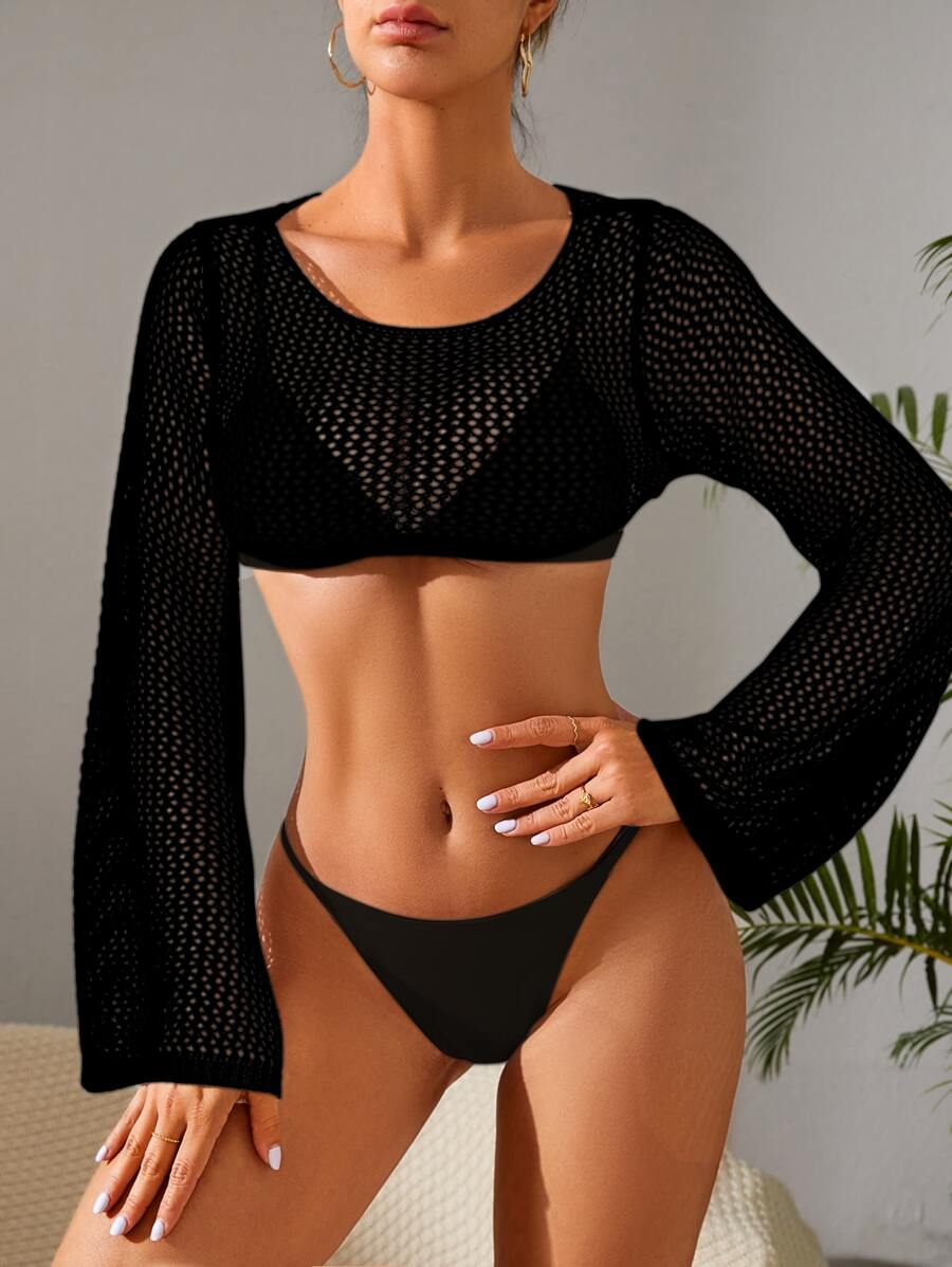 Hollow Out Trumpet Sleeve Crop Cover Up Without Bikini Set - Black - View 1