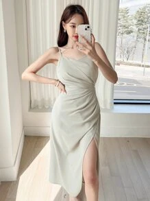 DAZY Solid Ruched Side Cami Dress,Casual Women Dresses