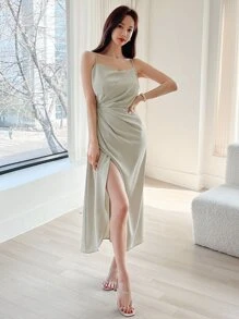 DAZY Solid Ruched Side Cami Dress,Casual Women Dresses