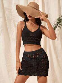 Hollow Out Drawstring Waist Scallop Trim Cover Up Skirt Without Bikini - Black - View 3