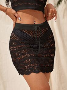 Hollow Out Drawstring Waist Scallop Trim Cover Up Skirt Without Bikini - Black - View 4