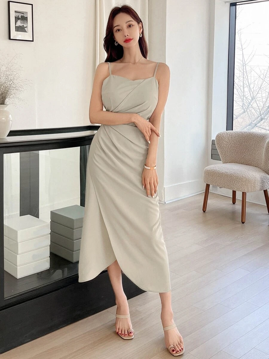 DAZY Solid Ruched Side Cami Dress,Casual Women Dresses