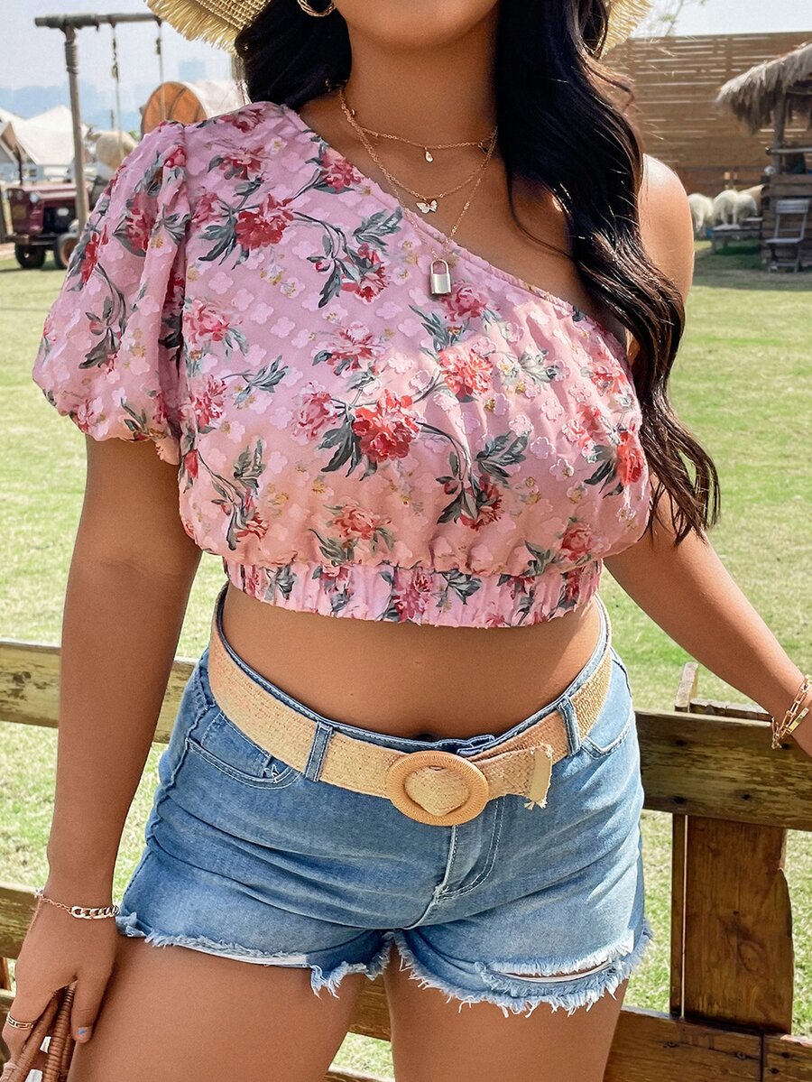 SHEIN Holidaya Plus Floral Print One Shoulder Puff Sleeve Crop Top - Pink - View 1