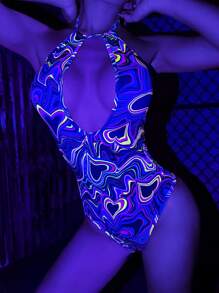 SHEIN ICON Rave Heart Print Cut Out Reflective Halter Neck Backless Bodysuit, Neon Glow Party Outfit - Multicolor - View 7