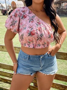 SHEIN Holidaya Plus Floral Print One Shoulder Puff Sleeve Crop Top - Pink - View 4