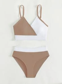 SHEIN Teen Girls Color Block Ribbed Knit Bikini Set Summer Beach - Multicolor - View 1