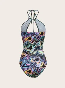 SHEIN ICON Rave Heart Print Cut Out Reflective Halter Neck Backless Bodysuit, Neon Glow Party Outfit - Multicolor - View 9