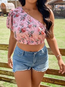 SHEIN Holidaya Plus Floral Print One Shoulder Puff Sleeve Crop Top - Pink - View 5