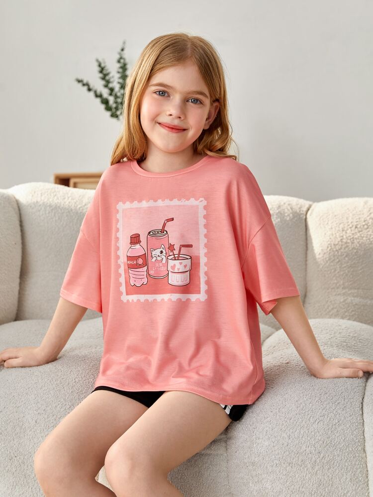 Girls Cartoon Graphic Drop Shoulder Tee & Shorts PJ Set