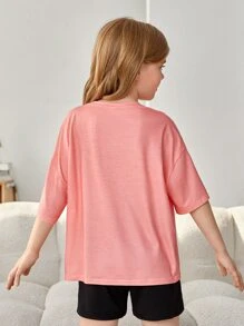 SHEIN Girls Cartoon Graphic Drop Shoulder Tee & Shorts PJ Set - Multicolor - View 2