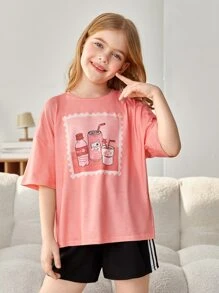SHEIN Girls Cartoon Graphic Drop Shoulder Tee & Shorts PJ Set - Multicolor - View 3