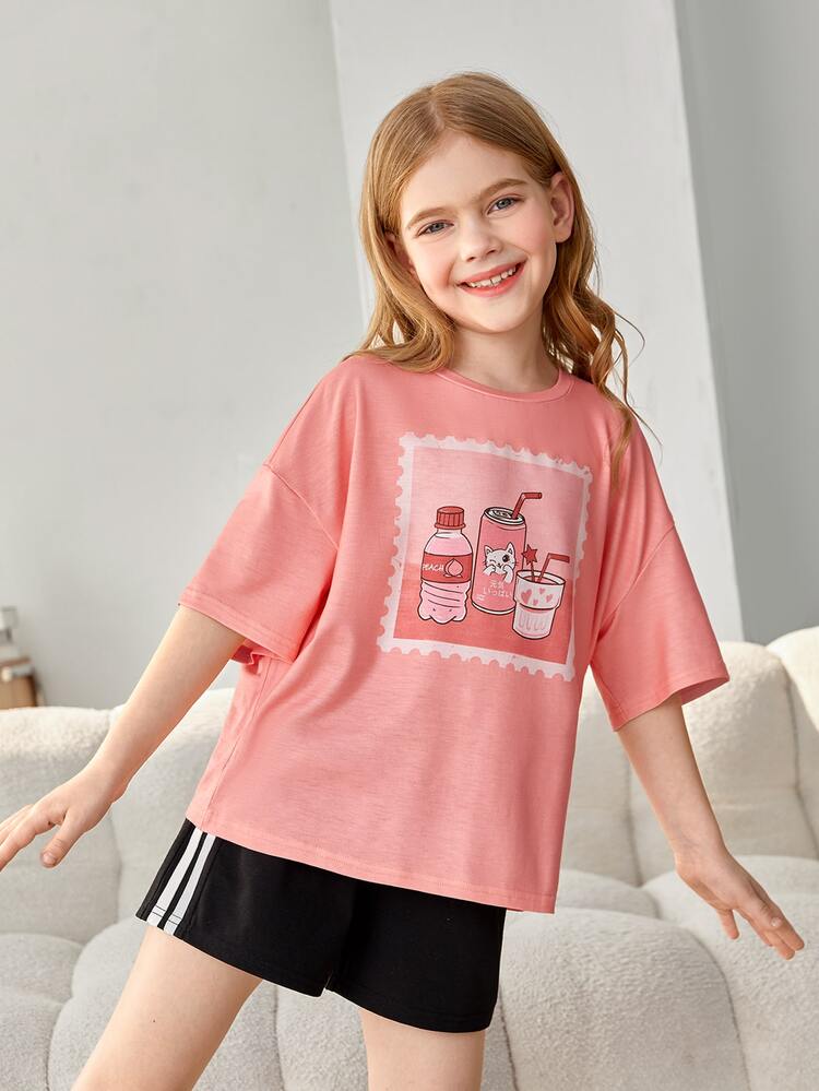 Girls Cartoon Graphic Drop Shoulder Tee & Shorts PJ Set