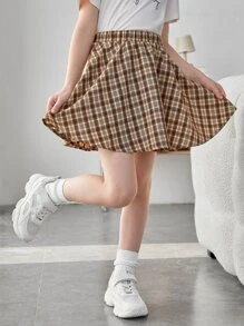 SHEIN 女孩格紋印花喇叭半身裙