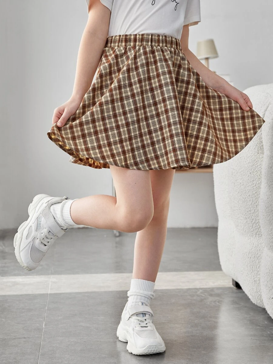 SHEIN 女孩格紋印花喇叭半身裙
