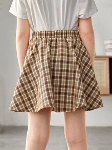 SHEIN 女孩格紋印花喇叭半身裙