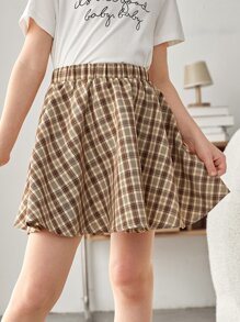 SHEIN 女孩格紋印花喇叭半身裙