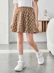 SHEIN 女孩格紋印花喇叭半身裙