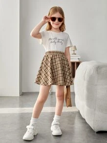 SHEIN 女孩格紋印花喇叭半身裙