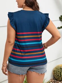 SHEIN LUNE Camiseta con estampado de rayas ribete con fruncido - Azul Marino - Ver 2