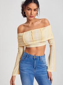 QUINCY 设计师露肩翻领露肩喇叭袖短款上衣，适合假期、度假 - 米色 - 查看 1