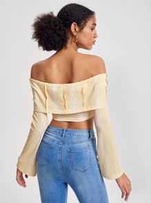 QUINCY 设计师露肩翻领露肩喇叭袖短款上衣，适合假期、度假 - 米色 - 查看 2