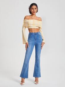 QUINCY 设计师露肩翻领露肩喇叭袖短款上衣，适合假期、度假 - 米色 - 查看 3