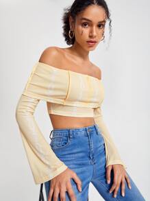 QUINCY 设计师露肩翻领露肩喇叭袖短款上衣，适合假期、度假 - 米色 - 查看 4