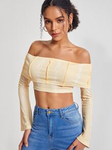 QUINCY 设计师露肩翻领露肩喇叭袖短款上衣，适合假期、度假 - 米色 - 查看 5