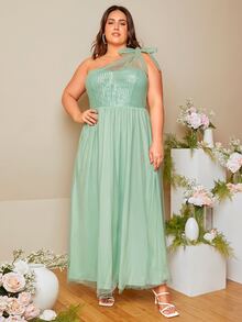 SHEIN Belle Plus One Shoulder Knot Detail Mesh Overlay Sequin Bridesmaid Dress - Mint Green - View 4