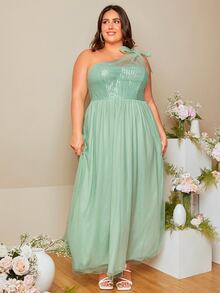 SHEIN Belle Plus One Shoulder Knot Detail Mesh Overlay Sequin Bridesmaid Dress - Mint Green - View 5