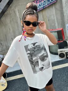 SHEIN Camiseta de manga corta de punto con estampado de dibujos animados y cuello redondo, hombros caídos, para niñas preadolescentes de verano - Blanco - Ver 4