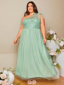 SHEIN Belle Plus One Shoulder Knot Detail Mesh Overlay Sequin Bridesmaid Dress - Mint Green - View 2