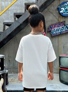 SHEIN Camiseta de manga corta de punto con estampado de dibujos animados y cuello redondo, hombros caídos, para niñas preadolescentes de verano - Blanco - Ver 2