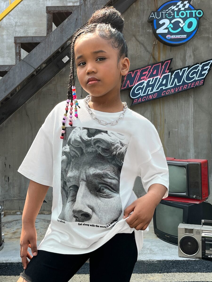 SHEIN Camiseta de manga corta de punto con estampado de dibujos animados y cuello redondo, hombros caídos, para niñas preadolescentes de verano - Blanco - Ver 1
