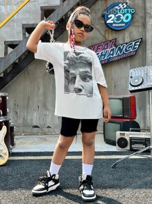 SHEIN Camiseta de manga corta de punto con estampado de dibujos animados y cuello redondo, hombros caídos, para niñas preadolescentes de verano - Blanco - Ver 5