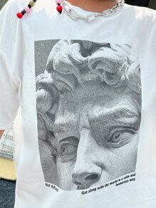 SHEIN Camiseta de manga corta de punto con estampado de dibujos animados y cuello redondo, hombros caídos, para niñas preadolescentes de verano - Blanco - Ver 3