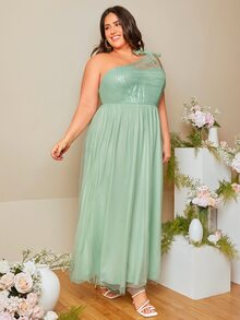 SHEIN Belle Plus One Shoulder Knot Detail Mesh Overlay Sequin Bridesmaid Dress - Mint Green - View 6