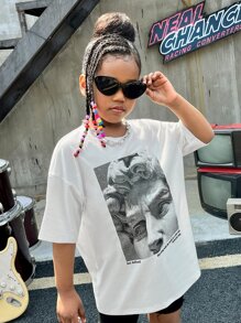 SHEIN Camiseta de manga corta de punto con estampado de dibujos animados y cuello redondo, hombros caídos, para niñas preadolescentes de verano - Blanco - Ver 6