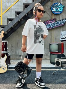 SHEIN Camiseta de manga corta de punto con estampado de dibujos animados y cuello redondo, hombros caídos, para niñas preadolescentes de verano - Blanco - Ver 7