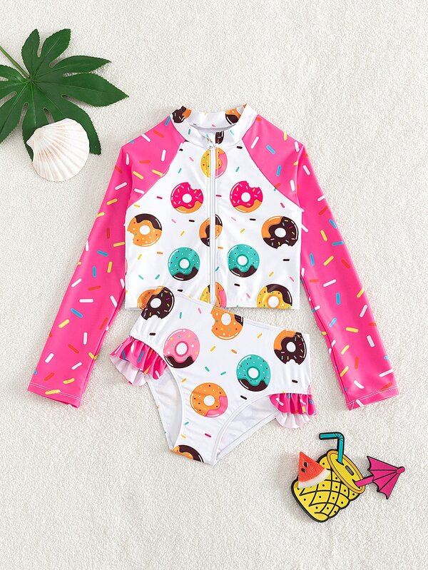 SHEIN Tween Girl 甜甜圈印花拉链前褶饰防晒衣夏季海滩